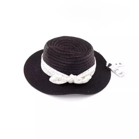 August Hat Company Panama Fedora Hat Black White Eyelet Embroidered Trim Bow - Picture 2 of 5